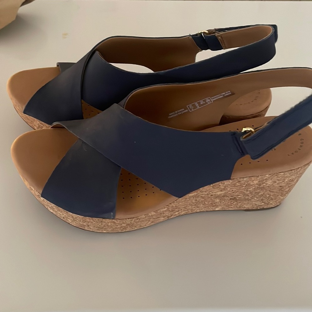 Clarks navy blue wedges size 10 WIDE
